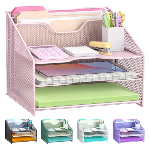 Samstar Pink Desk File Organizer, Mesh Letter File Folder Holder with 3 Paper Trays and 2 Vertical Upright Section, for Office Supplies, Desk Accessories & Workspace, Pink - color: 1 Pack Pink