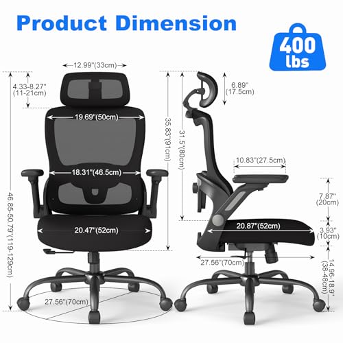 AnyGod Big & Tall Ergonomic Mesh Office Chair Heavy Duty 400LBS Desk Chair | 4D Flip-Up Armrests, 3D Adjustable Headrest, Dual Adjustable Lumbar Support, Rolling Wheels, Gaming & Computer Chair