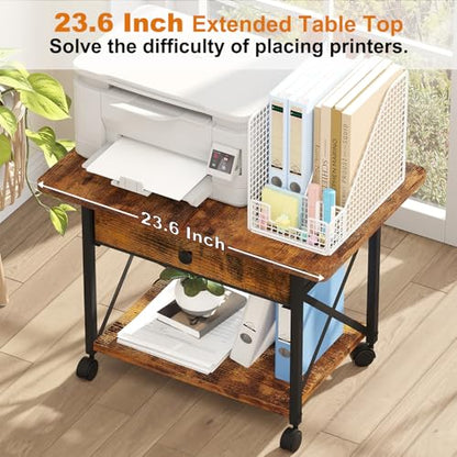 EasyCom Large Printer Stand with Fabric Storage Drawer and Locking Wheels - color: Rustic Brown, size: Large