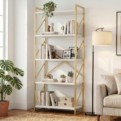 JAMFLY 5 Tiers Bookshelf, Classically Tall Bookcase Shelf,Industrial Book Rack,Modern Book Holder in Bedroom/Living Room/Home/Office, Gold - color: Gold-framed Whitewood