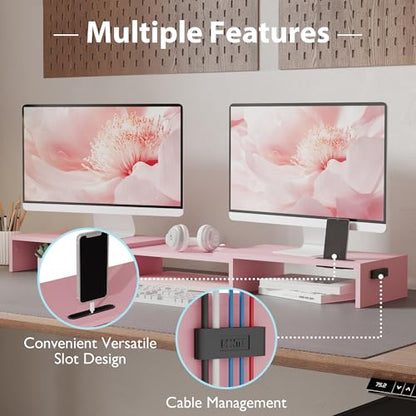 BONTEC Dual Monitor Stand Riser, Adjustable Length & Swivel Angle, Pink - color: Pink, size: 42.5 in