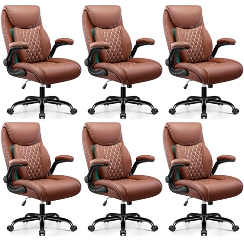BESTFAIR Office Desk Chair with Lumbar Support for Lower Back Pain | Executive Leather Home Chair Comfy with Padded Flip-up Armrests, Brown, 6-Pack - color: Brown, size: 6 Pack