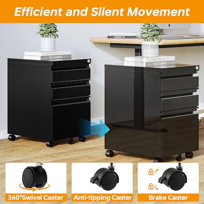 STANI 25" H 3 Drawer Mobile File Cabinet with Lock, Under Desk Metal Filing Cabinet, Locking Office Mobile Cabinet with Wheels, Letters/Legal/A4(Assembly Required Black) - color: Black, size: 3 Drawers-Assembly Required