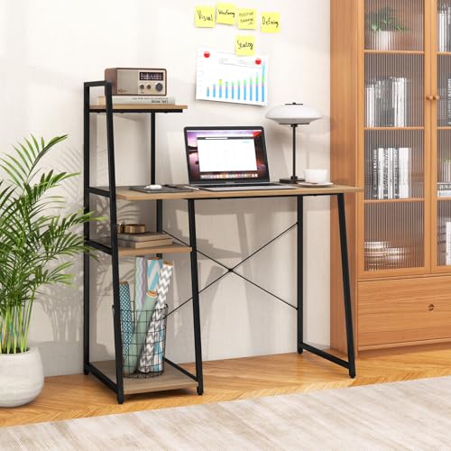 MAT EXPERT Computer Desk with Ladder Shaped Shelves, Compact Home Office Desk w/Monitor Stand & Adjustable Foot Pads, Modern Writing Study Desk PC Laptop Workstation for Home Office (Natural) - color: Natural