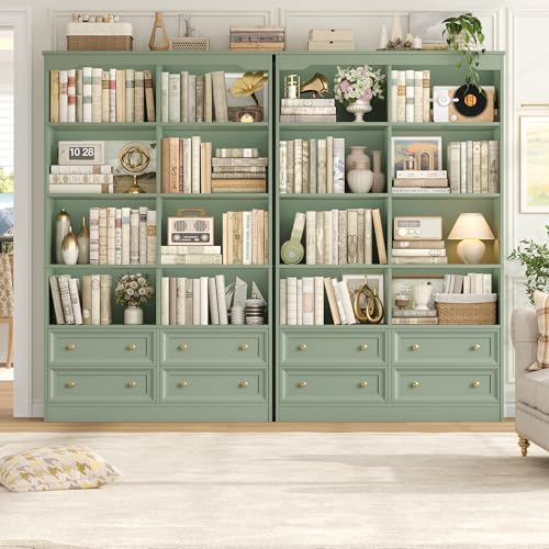 71" Tall Bookshelf with 4 Drawers Large Bookshelf Office Bookcase | 6-Tier Double Wide Bookshelves and Bookcases with Storage, Tall Bookshelf Standing Book Cabinet for Home Office, Green - color: Green