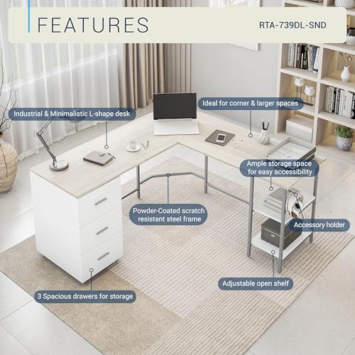 Techni Mobili 59" Two-Tone L‑Shaped Office Desk with Storage Shelves, Sand - color: Sand