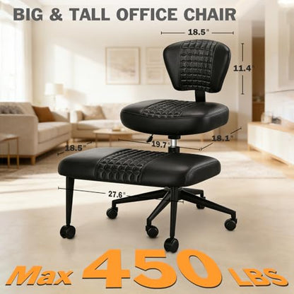 Ergonomic Cross Legged Office Chair with Footrest, 360° Swivel Height Adjustable PU Criss Cross Chair, Wide Seat & Back Support for Home Office, ADHD, Black - color: Black