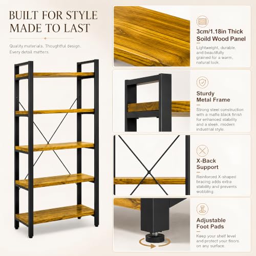 Real Solid Wood Rustic Vintage Industrial Etagere Bookshelf, Metal & Timber Free Vintage Bookcase, Golden (Genuine Timber) (5-Tiers-Golden Oak) - size: 5-Tiers-Golden Oak