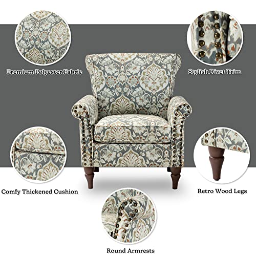 HULALA HOME Traditional Floral Accent Chair with Solid Wood Legs, Pine | Comfy Upholstered Armchair Reading Chair with Rolled Armrests, Nailhead Trim, Removable Cushion, for Living Room Bedroom - color: Pine