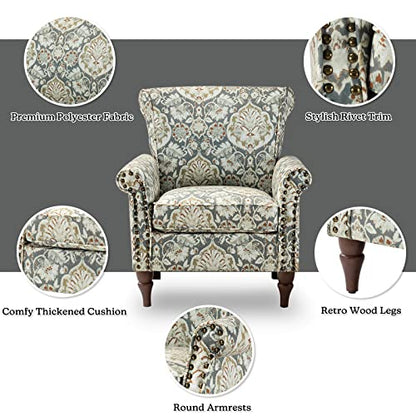 HULALA HOME Traditional Floral Accent Chair with Solid Wood Legs, Pine | Comfy Upholstered Armchair Reading Chair with Rolled Armrests, Nailhead Trim, Removable Cushion, for Living Room Bedroom - color: Pine
