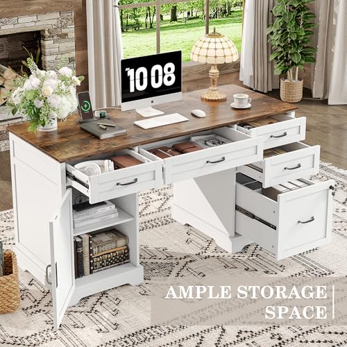 Alohappy 55'' Farmhouse Executive Desk with File Cabinet, Home Office Wood Computer Desk with Drawers and Power Outlets, White - color: White, size: 55''