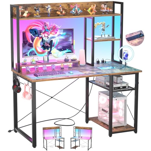 Cyclysio 39'' Gaming Desk with Hutch and Reversible Storage Shelves, Rustic | Home Office Desk with LED Lights & Power Outlets, Computer Desk for Small Space - color: Rustic, size: 39 inch