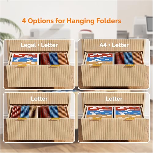 Bonnlo 2 Drawer File Cabinet, Home Office Filing Organizer, for Letter Legal A4 Size File Folder Storage, Modern Style Fluted Design, Wood Lateral Filing Cabinet, Printer Stand, Archivador, Oak