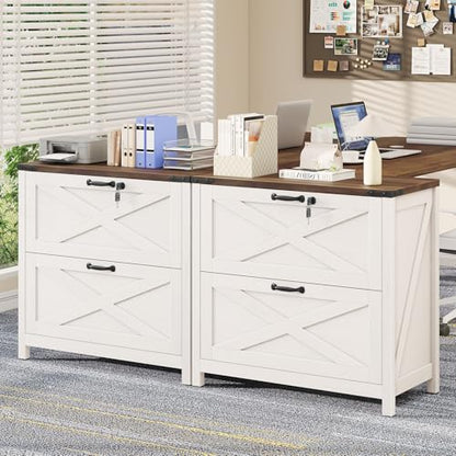 Halitaa Farmhouse Lateral File Cabinet with 2 Drawers, White and Brown - color: Rustic White and Brown, size: 2 Drawers
