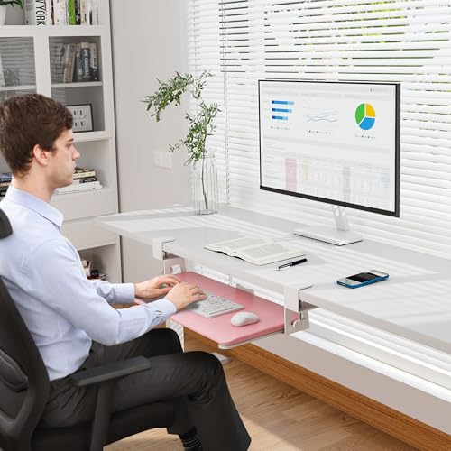 BONTEC KMT01 Under Desk Keyboard Tray, Pull-Out Keyboard & Mouse Platform with C-Clamp, 25.6 x 11.8 in Space-Saving Ergonomic Slide-Out Drawer, Pink - color: Pink, size: 25.6" x 11.8"