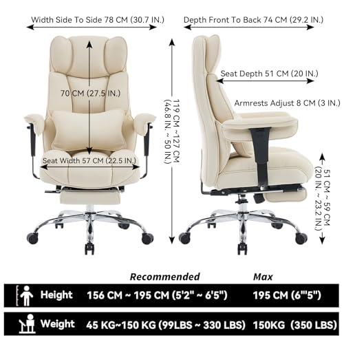 Efomao Executive Office Chair, Beige Fabric Big and Tall Desk Chair | Breathable fabric, pocket spring & foam seat, retractable footrest, 135° recline for computer gaming setup - color: 3084mus-beige