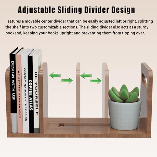 100% Solid Wood Adjustable Desktop Bookshelf With Movable Divider, Retro Tabletop Bookshelf With Convenient Handle Design for Living Room, Home, Office, Perfect for Magazines, Books, Files (Brown) - color: Brown