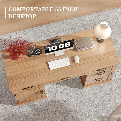 Alohappy 55'' Farmhouse Executive Desk, Home Office Desk with Drawers, Wood Computert Desk with File Cabinet and Power Outlets, Walnut - color: Walnut, size: 55''
