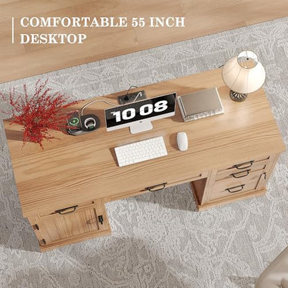 Alohappy 55'' Farmhouse Executive Desk, Home Office Desk with Drawers, Wood Computert Desk with File Cabinet and Power Outlets, Walnut - color: Walnut, size: 55''