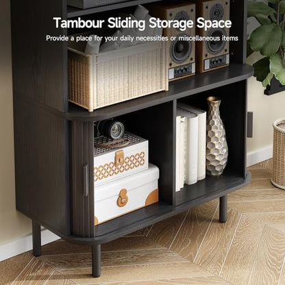 ONBRILL 71" Bookshelf with Sliding Door, Bookcase Storage Cabinet, Black - color: Black