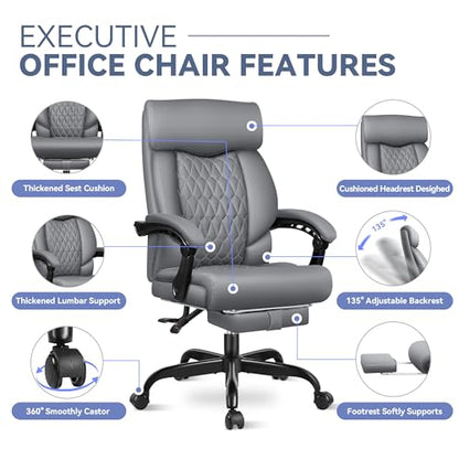 Office Chair, Big and Tall Office Desk Chair, Reclining Office Chair with Footrest Home Office Desk Chairs, High Back Ergonomic with Lumbar Support, Executive Leather - color: Grey, style: With Footrest