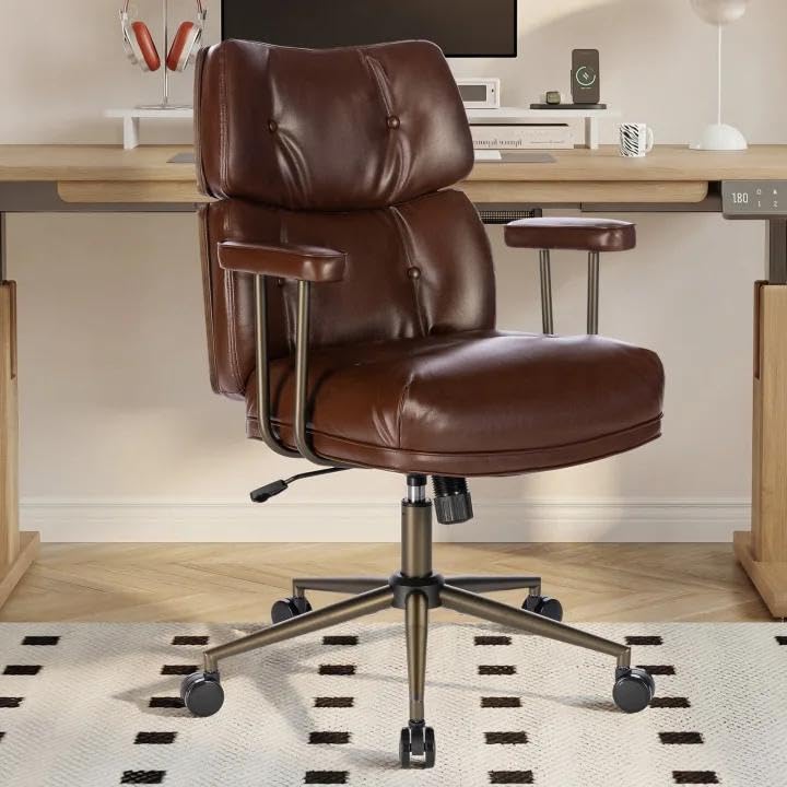 Mid-Century Modern Ergonomic Office Chair, Mid Back & Tufted, Brown | Faux Leather Executive Desk Chair, Walnut Bentwood Frame, Tufted Design, Swivel Computer Chair for Home Office, 300LBS Cap - color: Brown, size: Mid Back Style