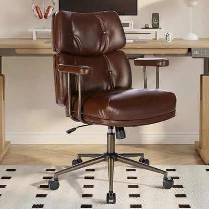 Mid-Century Modern Ergonomic Office Chair, Mid Back & Tufted, Brown | Faux Leather Executive Desk Chair, Walnut Bentwood Frame, Tufted Design, Swivel Computer Chair for Home Office, 300LBS Cap - color: Brown, size: Mid Back Style