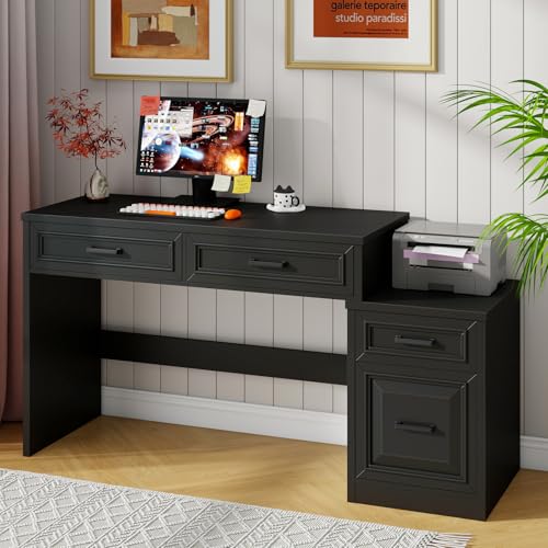 Vabches 61" Farmhouse Computer Desk with Storage and File Drawer, Black | Executive Desks with Printer Stand, Rustic Large Home Writing Desk for Home Office - color: Black