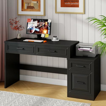 Vabches 61" Farmhouse Computer Desk with Storage and File Drawer, Black | Executive Desks with Printer Stand, Rustic Large Home Writing Desk for Home Office - color: Black
