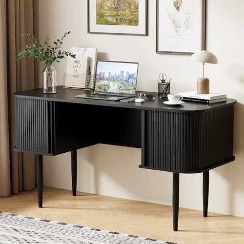 Furniway 55" Modern Writing Desk with Sliding Doors, Wood Home Office Desk with Storage, Computer Desk for Study, Living Room, Dorm, Black - color: Black