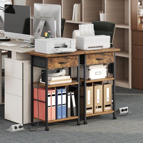 Rolling File Cabinet, Printer Stand with Dividers and Power Outlets, Mobile File Cart with Fabric Storage Drawer and Lockable Wheels for Office, Home