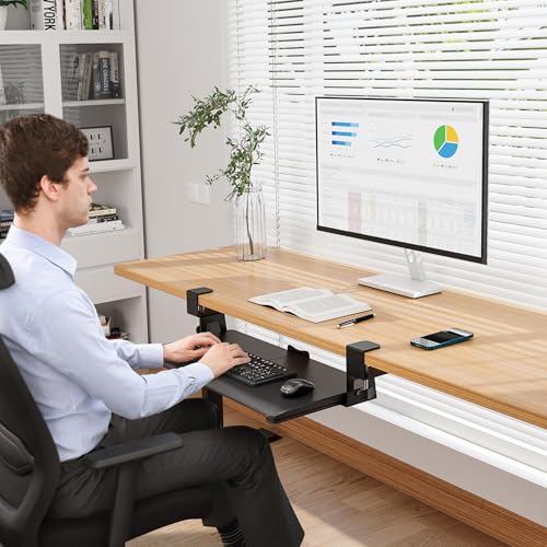BONTEC Under Desk Keyboard Tray, Pull-Out Keyboard & Mouse Platform | C-Clamp Mount, Space-Saving Ergonomic Slide-Out Drawer, 31.3 in Including Clamps, 25.6 x 11.8 in Tray, Black - color: Black, size: 25.6" x 11.8"