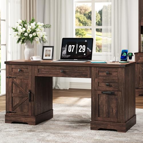 Squireewo 58'' Farmhouse Home Office Desk with Drawers, Wooden Executive Desk with Charging Station, File Drawers and Storage Cabinet, Computer Desk for Work, Study and Writing, Brown - color: Brown, size: Straight Desk
