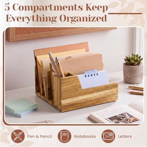 Novabright Acacia Wood Mail Organizer with Pen Holder, 5 Slot Desk File Organizer, Wooden Letter Sorter for Desk, Compact Desktop Document Holder for Home Office Storage Back to School