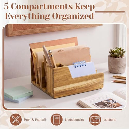 Novabright Acacia Wood Mail Organizer with Pen Holder, 5 Slot Desk File Organizer, Wooden Letter Sorter for Desk, Compact Desktop Document Holder for Home Office Storage Back to School
