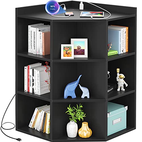 Aheaplus Corner Cabinet, Corner Storage with USB Ports and Outlets, Black | Wooden Corners Cube Toy Storage for Small Space, 4-Tier Cubby Corner Bookshelf with 9 Cubes for Bedroom, Living Room, Office - color: Black, size: 4-Tier