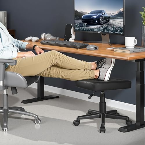 VECELO Under Desk Footrest, PU Ergonomic Foot Rest with Wheels, Comfort Padding, Height Adjustable for Relieving Leg Pain, Stiffness, Black - color: Black