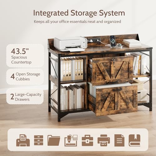 44" File Cabinet, Lateral Filing Cabinet for Home Office with 2 Drawers, Office Storage Cabinet with Lock and Key, Wooden Printer Stand with 4 Storage Shelves, Power Outlets, Bookshelf, Rustic Brown - color: Rustic Brown