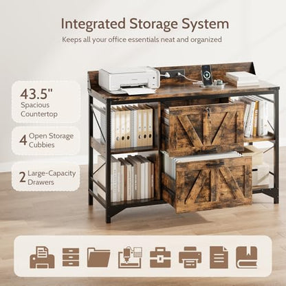 44" File Cabinet, Lateral Filing Cabinet for Home Office with 2 Drawers, Office Storage Cabinet with Lock and Key, Wooden Printer Stand with 4 Storage Shelves, Power Outlets, Bookshelf, Rustic Brown - color: Rustic Brown