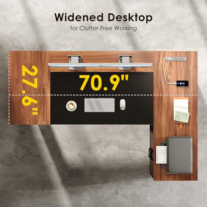 AODK 71 Inch L Shaped Executive Desk with Storage, Walnut+ Black | Computer Desk with 3 Wooden Drawers and File Cabinet, Corner Desk, Outlets, Home Office Computer Workstation - size: 71 Inch