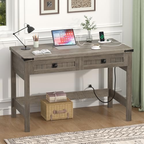 39 Inch Farmhouse Small Computer Desk with Drawers for Bedroom, Home Office - color: Grey