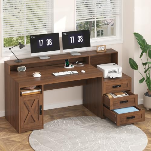 65" Farmhouse Computer Desk with Drawers and Printer Stand for Home Office - color: Brown