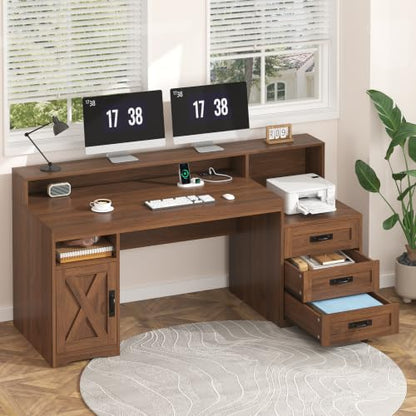65" Farmhouse Computer Desk with Drawers and Printer Stand for Home Office - color: Brown