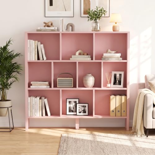 KIGOTY 10 Cube Modern Bookcase, 3-Tier Open Storage Organizer, Freestanding Bookshelf with Legs, Narrow Bookcase for Living Room, Bedroom & Office (Pink) - color: Pink