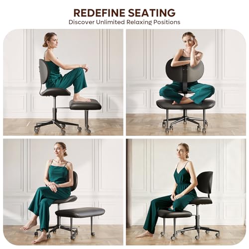 Cross Legged Office Chair with Wheels for ADHD, Ergonomic 360° Swivel Height-Adjustable Meditation Chair for Yoga, Wide Kneeling Chair with Strong Lumbar Support, PU Leather, Black - color: Black-pu