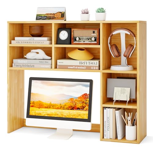 Tangkula Desktop Bookshelf, 37" Countertop Storage Hutch with 7 Cubes & 3 Adjustable Shelves, 3-Tier Desk Display Rack Organizer, Multipurpose Wood Desktop Hutch for Dorm Home Office (Burlywood) - color: Burlywood, size: 7 Shelves