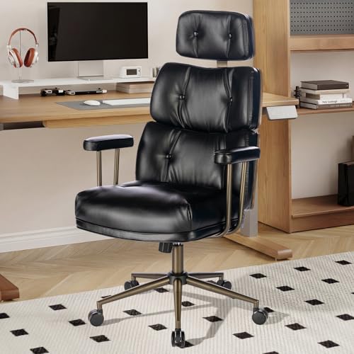 Mid-Century Modern Ergonomic Office Chair, High Back Headrest, Black | Faux Leather Executive Desk Chair, Walnut Bentwood & Adjustable Headrest, Swivel Computer Chair for Home Office, 300LBS Cap - color: Black, size: High Back Style