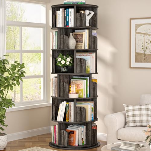 Aheaplus 5 Tier Wood Rotating Bookshelf, 360° Spinning Book Shelf Tower - color: Black Oak, size: 6-Tier