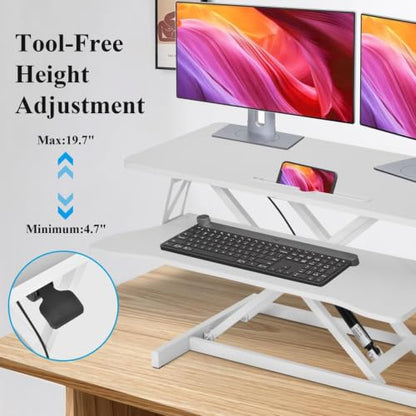 37" Desk Converter, Height Adjustable Stand Up Desk Converter, 2 Monitor Standing, Sit to Stand, Quick Sit to Tabletop, Riser Workstation with Wide Keyboard Tray - color: White