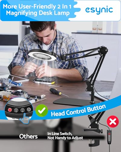 eSynic 10X Magnifying Glass with 84 LED Lights&4.2 Inch Large Len 2-in-1 Clamp&Stand Desk Magnifier Lamp-10 Brightness Levels-5 Color Modes for Crafts Reading Repair[HD Glass Lens Not Acrylic]